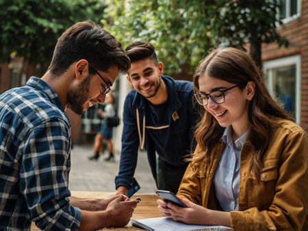 Group of young students using mobile phone while sitting at the table outdoorsの素材