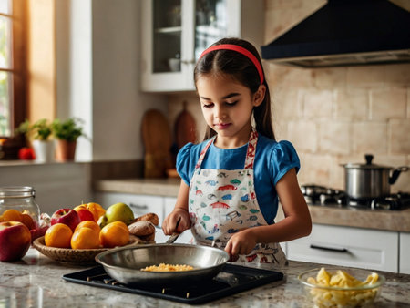 Cute little girl cooking in the kitchen. Healthy food concept.の素材