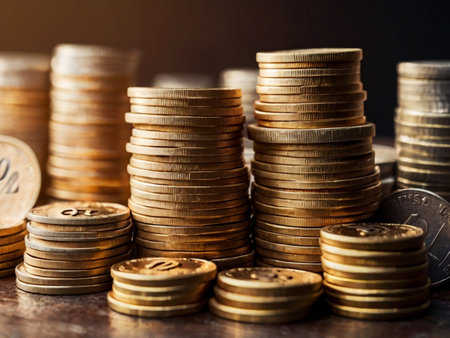 Stacks of coins on wooden table, business and finance concept.の素材