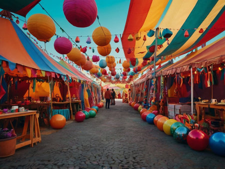 Crowded street with colorful paper lanterns in the evening.の素材