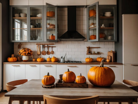 Halloween pumpkins in modern kitchen interior. Autumn season concept.の素材