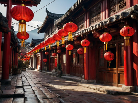 Ancient Chinese street with red lanterns in Xian, China.の素材