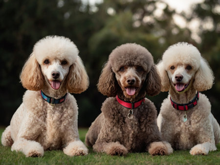 Three poodles sitting on the grass in the park, portraitの素材