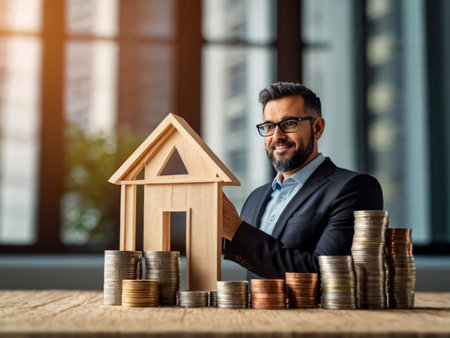 businessman with house model on coins stack for real estate investment conceptの素材