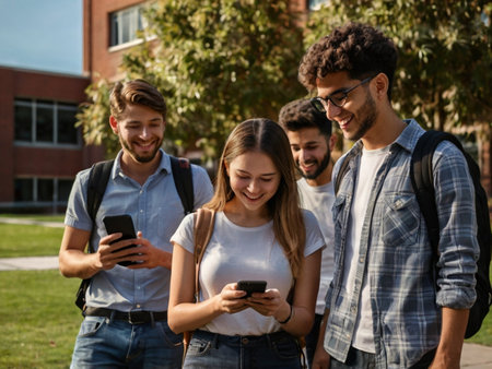 Group of happy students with backpacks using mobile phones in the campusの素材