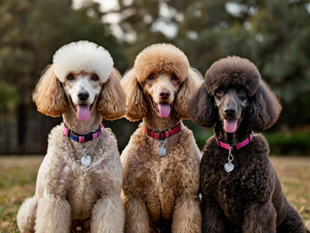 Group of miniature poodle dogs sitting in the park. Selective focus.の素材