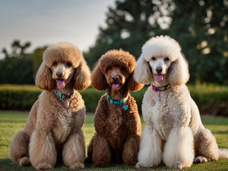 group of poodles sitting on the grass and looking at the cameraの素材