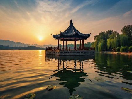 Pavilion in the lake at sunset, Hangzhou, Chinaの素材