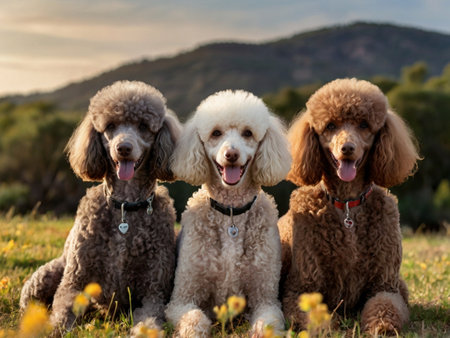 Three poodles sitting on the grass and looking at the cameraの素材