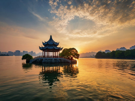 Hangzhou West Lake scenery at sunset, China. Hangzhou West Lake is a lake in Hangzhou, China.の素材