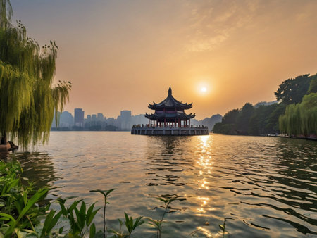 Hangzhou West Lake Scenic Area at sunset, China.の素材