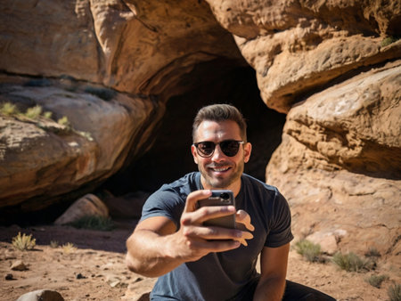Handsome man using mobile phone while sitting in a cave in the desertの素材