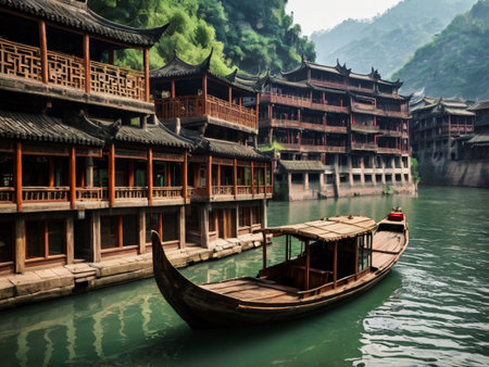 Wooden boat in Fenghuang Ancient Town, Hunan Province, China.の素材