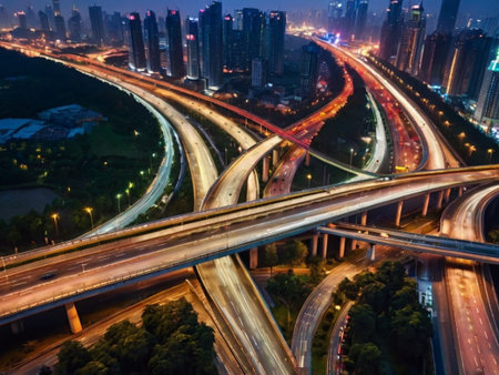 Aerial view of highway in Shanghai at night,China.の素材