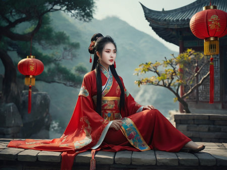 beautiful asian woman in red kimono sitting on the stone stairsの素材