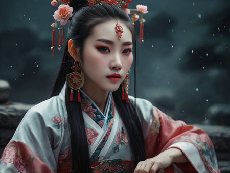 Portrait of a beautiful Asian woman in traditional kimonoの素材