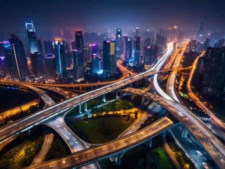 Aerial view of highway and cityscape in Shanghai,China.の素材