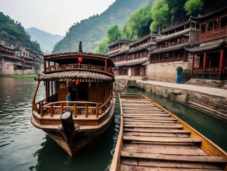 Wooden boats in Fenghuang Ancient City, Hunan Province, Chinaの素材