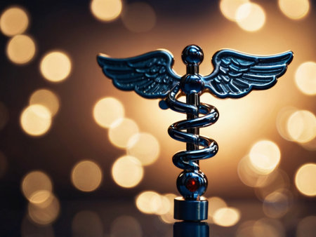 Caduceus medical symbol with wings on bokeh backgroundの素材