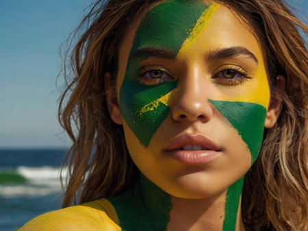 Portrait of beautiful young woman with Brazilian flag painted on her faceの素材