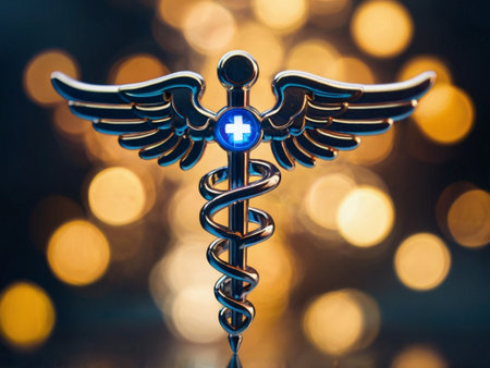 Caduceus medical symbol with wings and bokeh backgroundの素材