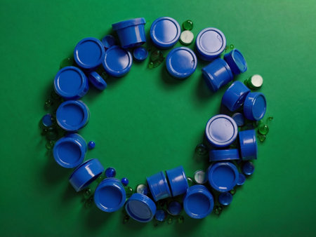 Blue plastic bottle caps on green background. Top view. Copy space.の素材