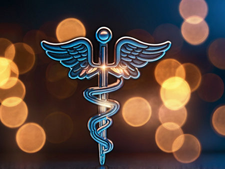 Caduceus symbol on bokeh background. Medical conceptの素材