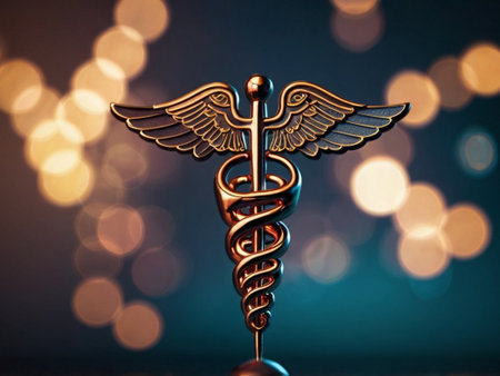 Symbol of medical caduceus with wings on bokeh backgroundの素材
