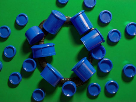 Plastic caps on a green background. Plastic waste recycling concept.の素材