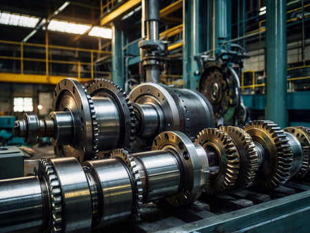 Industrial interior of a factory with metal gears. Industrial background.の素材