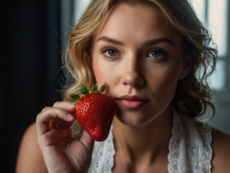 Portrait of beautiful young woman with strawberry in her hand looking at cameraの素材