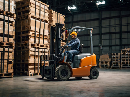 Forklift loader in warehouse. Side view of male worker in uniform and helmet driving forklift. Industrial and industrial workers conceptの素材