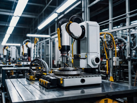 Industrial robot arm assembly line in factory. Smart industry 4.0 concept.の素材