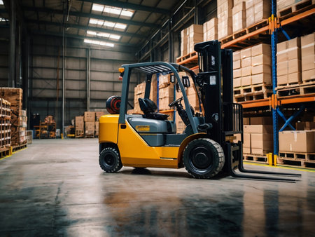 Forklift loader in warehouse. Forklift loader in warehouse. Warehouse interiorの素材