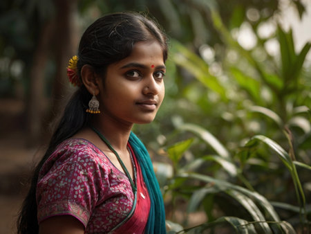 Young Indian girl in saree posing in the garden, Indiaの素材