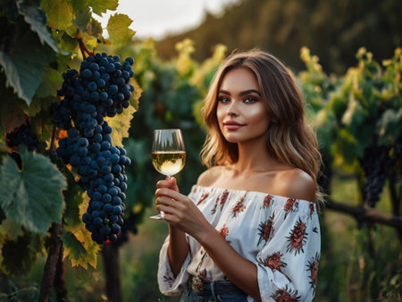 Beautiful young woman with glass of white wine in vineyard.の素材