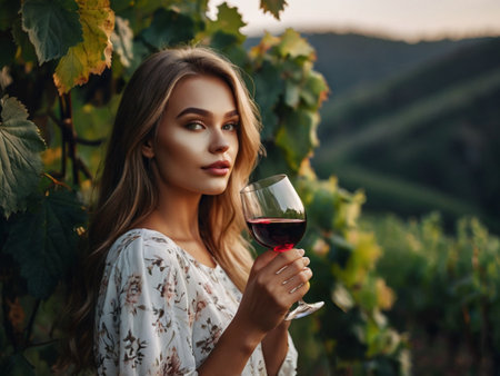 Beautiful young woman with glass of red wine in vineyard.の素材