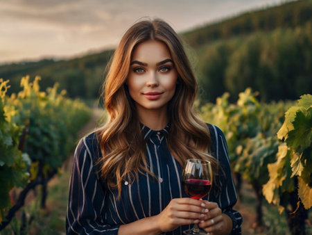 Beautiful young woman with glass of red wine in vineyard.の素材