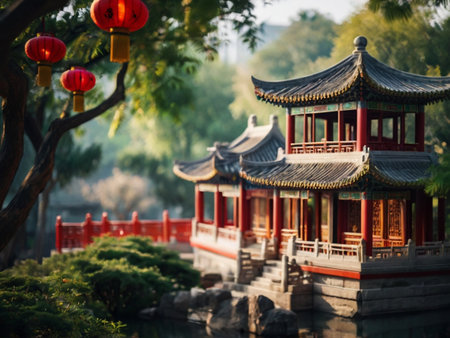 Chinese style pavilion in the garden, Chinese traditional architecture.の素材