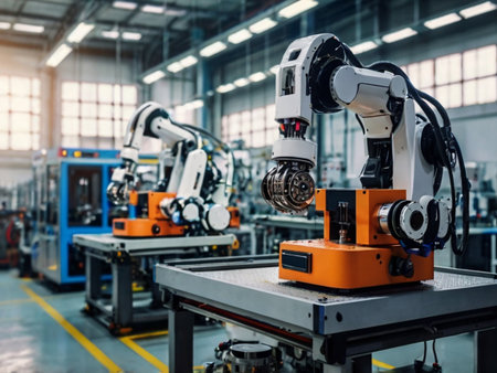 Smart industry robot arms for digital factory production line. Concept of artificial intelligence for industrial revolution and automation manufacturing process.の素材