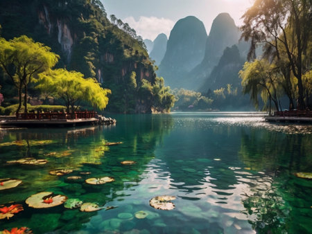 Beautiful landscape with lake and mountains in Yangshuo Guilin, Chinaの素材