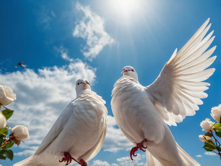 White pigeons on a background of spring blooming apple tree.の素材