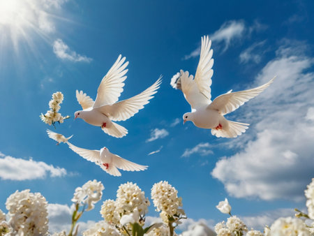 Two white pigeons flying in the blue sky with white flowers.の素材
