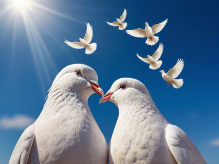 Two white pigeons on the background of the sun and blue skyの素材