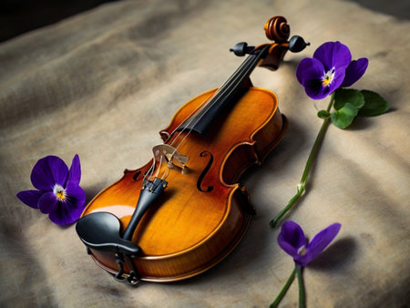 violin and viola flowers on a wooden background with copy spaceの素材