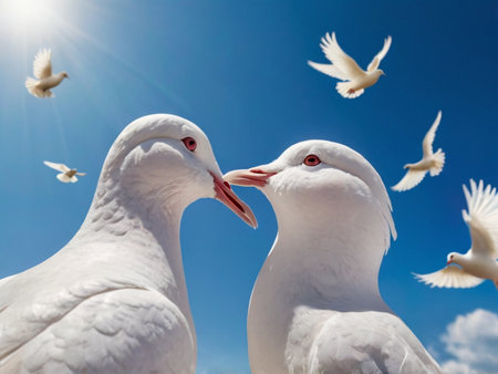 White pigeons against the blue sky and the sun, closeupの素材