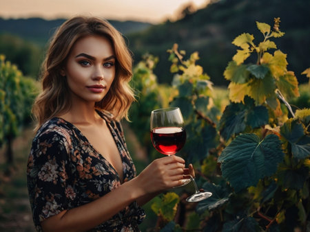 Beautiful young woman with glass of red wine in vineyard.の素材