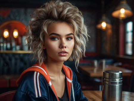 Beautiful young woman in a cafe with a cup of coffee.の素材