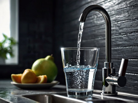 Water is poured into a glass from the tap in the kitchen.の素材