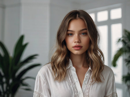 Portrait of a beautiful young woman in a white blouse.の素材